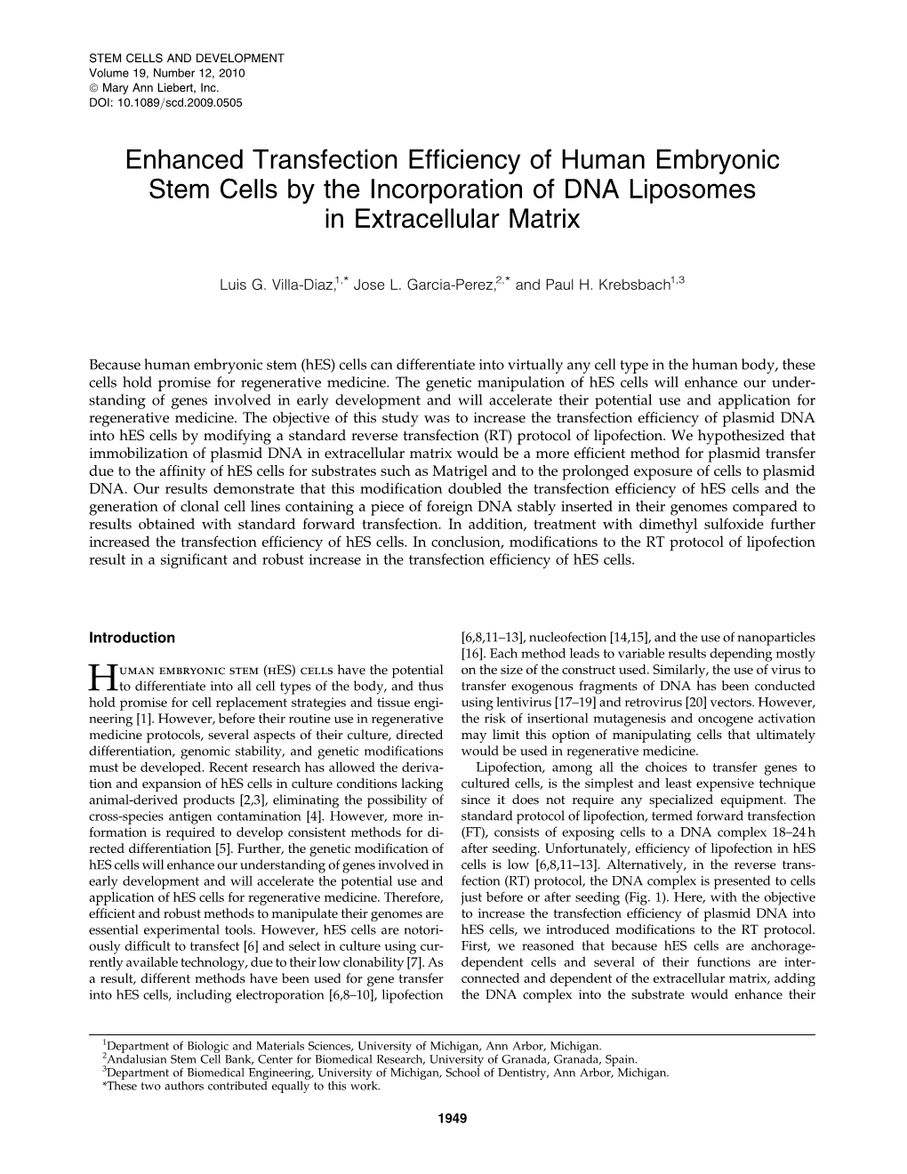 Enhanced Transfection Efficiency of Human Embryonic Stem Cells By