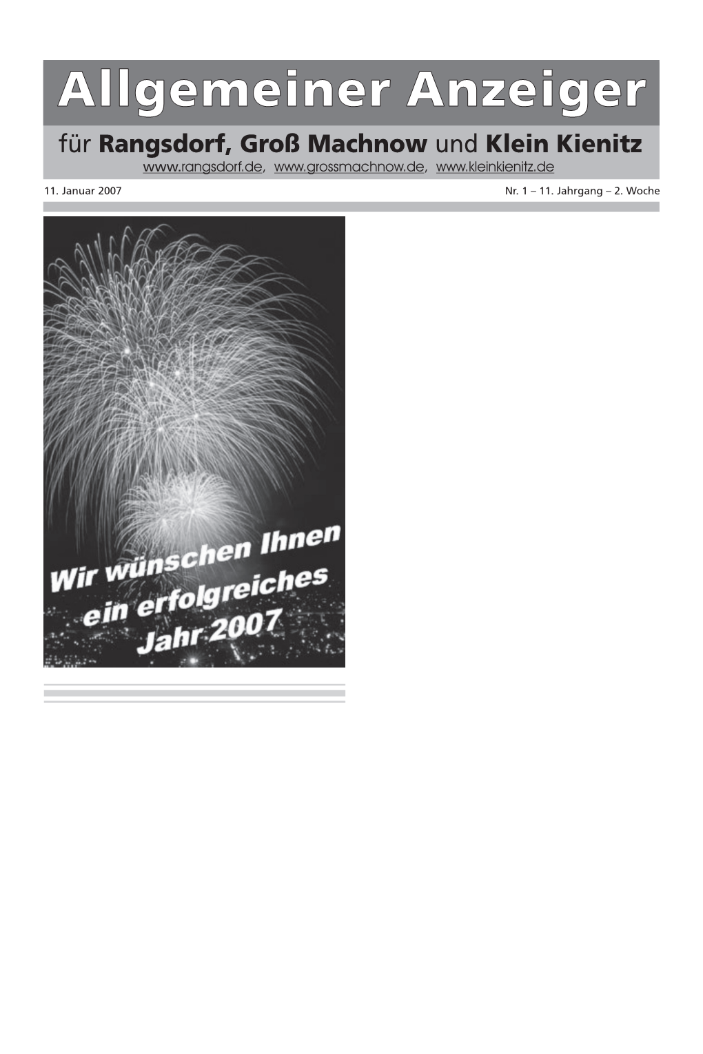 11. Januar 2007 Nr. 1 – 11. Jahrgang – 2. Woche 2 Rangsdorf 11.1.2007