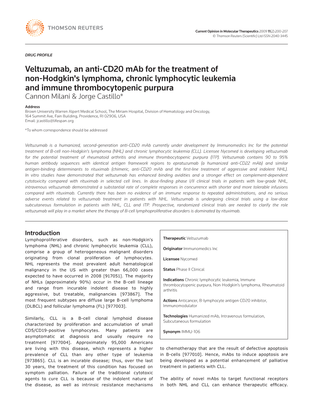 Veltuzumab, an Anti-CD20 Mab for the Treatment of Non-Hodgkin's