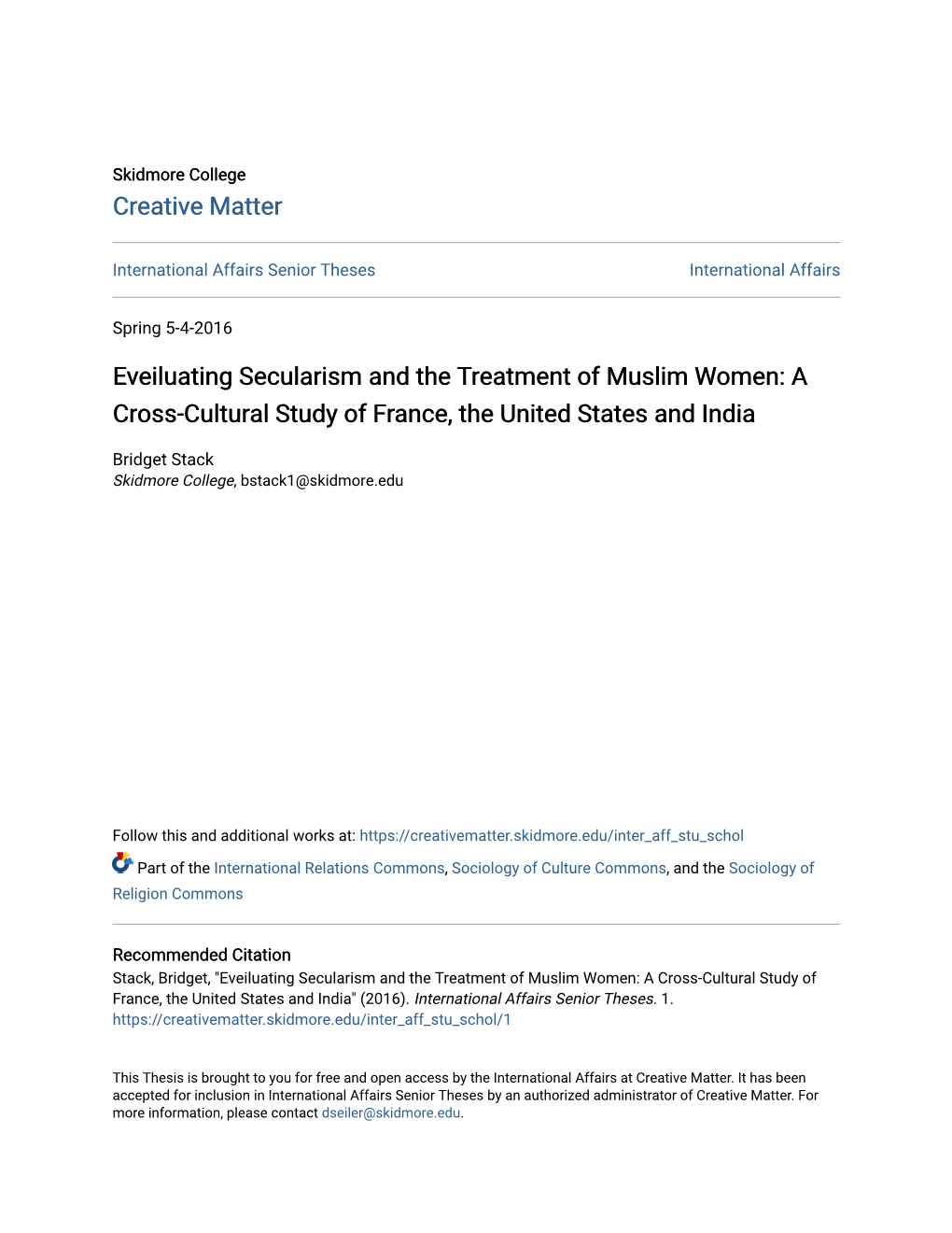 Eveiluating Secularism and the Treatment of Muslim Women: a Cross-Cultural Study of France, the United States and India