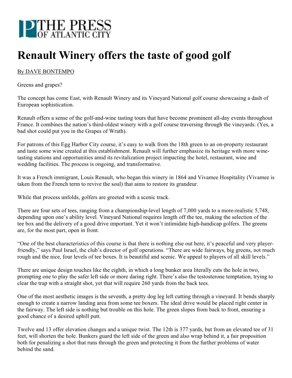 Renault Winery Offers the Taste of Good Golf