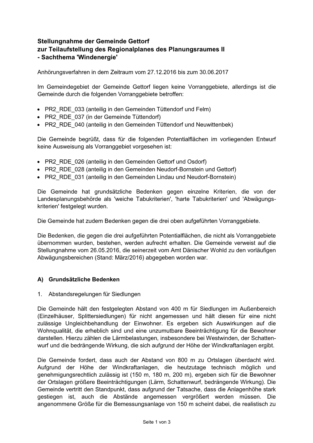 Stellungnahme Der Gemeinde Gettorf Zur Teilaufstellung Des Regionalplanes Des Planungsraumes II - Sachthema 'Windenergie'