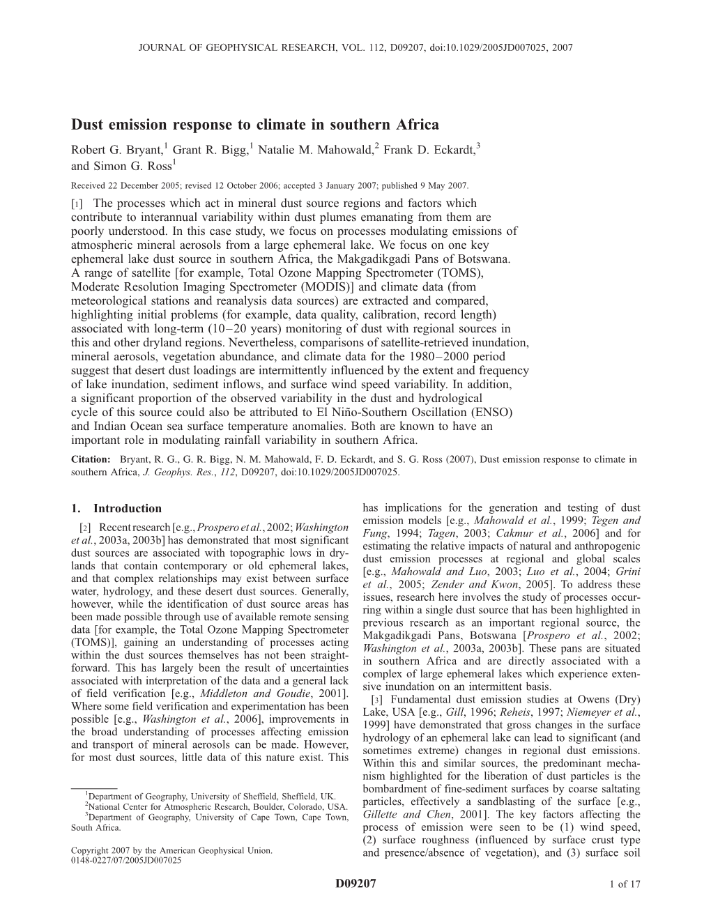 Dust Emission Response to Climate in Southern Africa Robert G