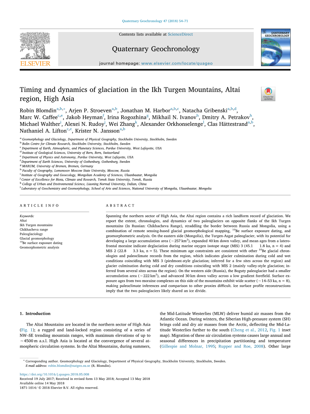 Timing and Dynamics of Glaciation in the Ikh Turgen Mountains, Altai T Region, High Asia