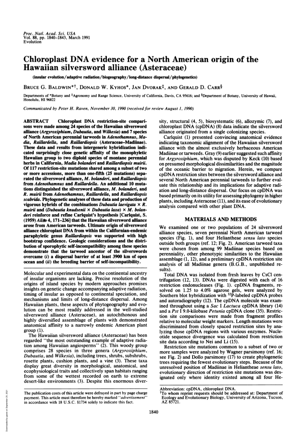 Chloroplast DNA Evidence for a North American Origin of the Hawaiian