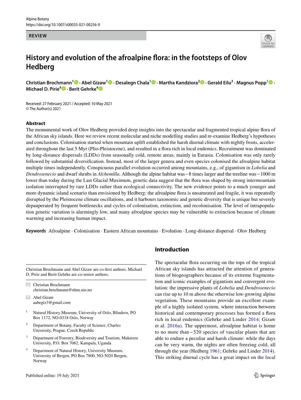 History and Evolution of the Afroalpine Flora