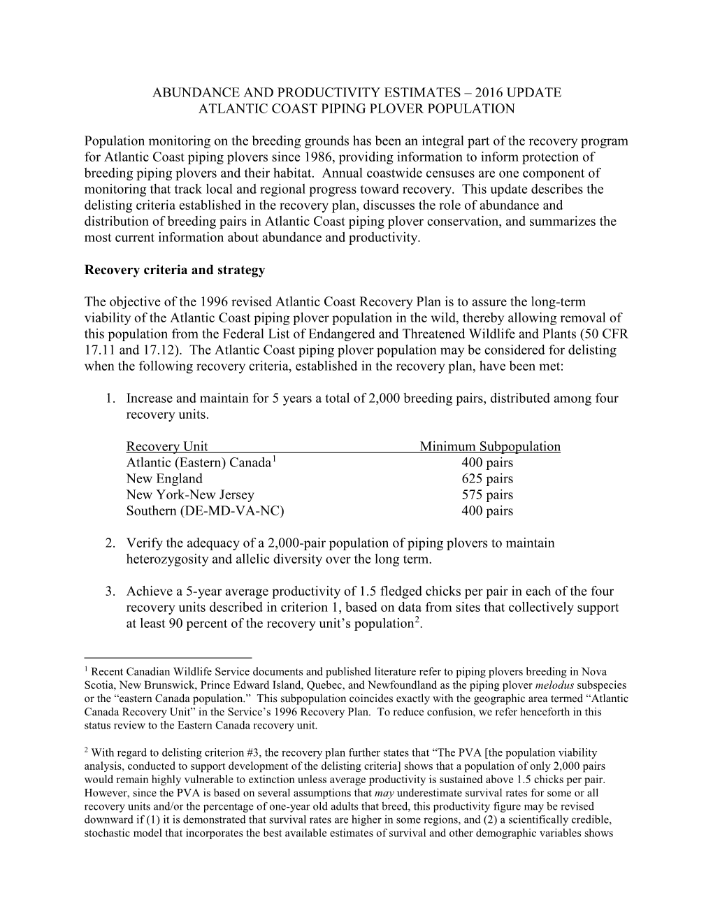 2016 Update Atlantic Coast Piping Plover Population