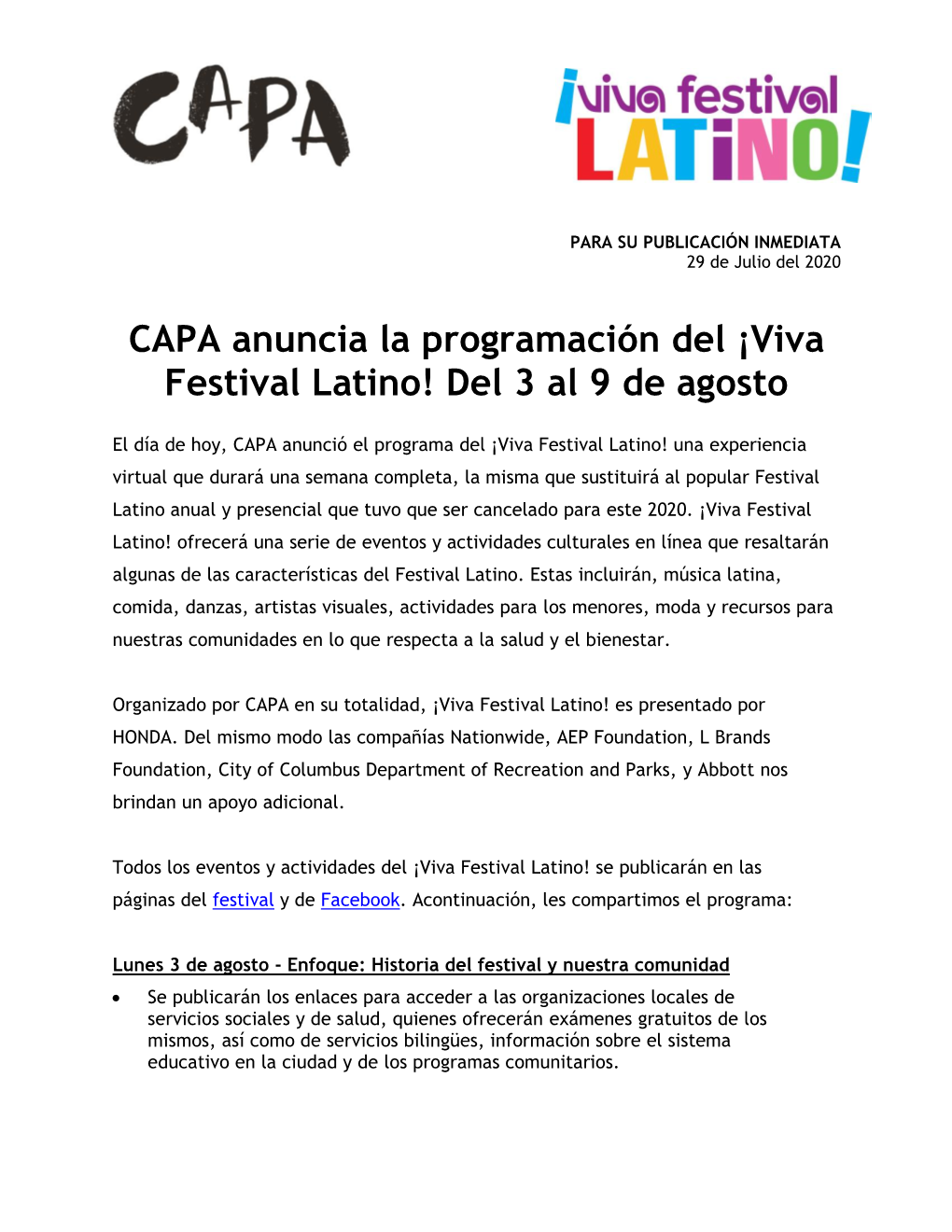 CAPA Anuncia La Programación Del ¡Viva Festival Latino! Del 3 Al 9 De Agosto