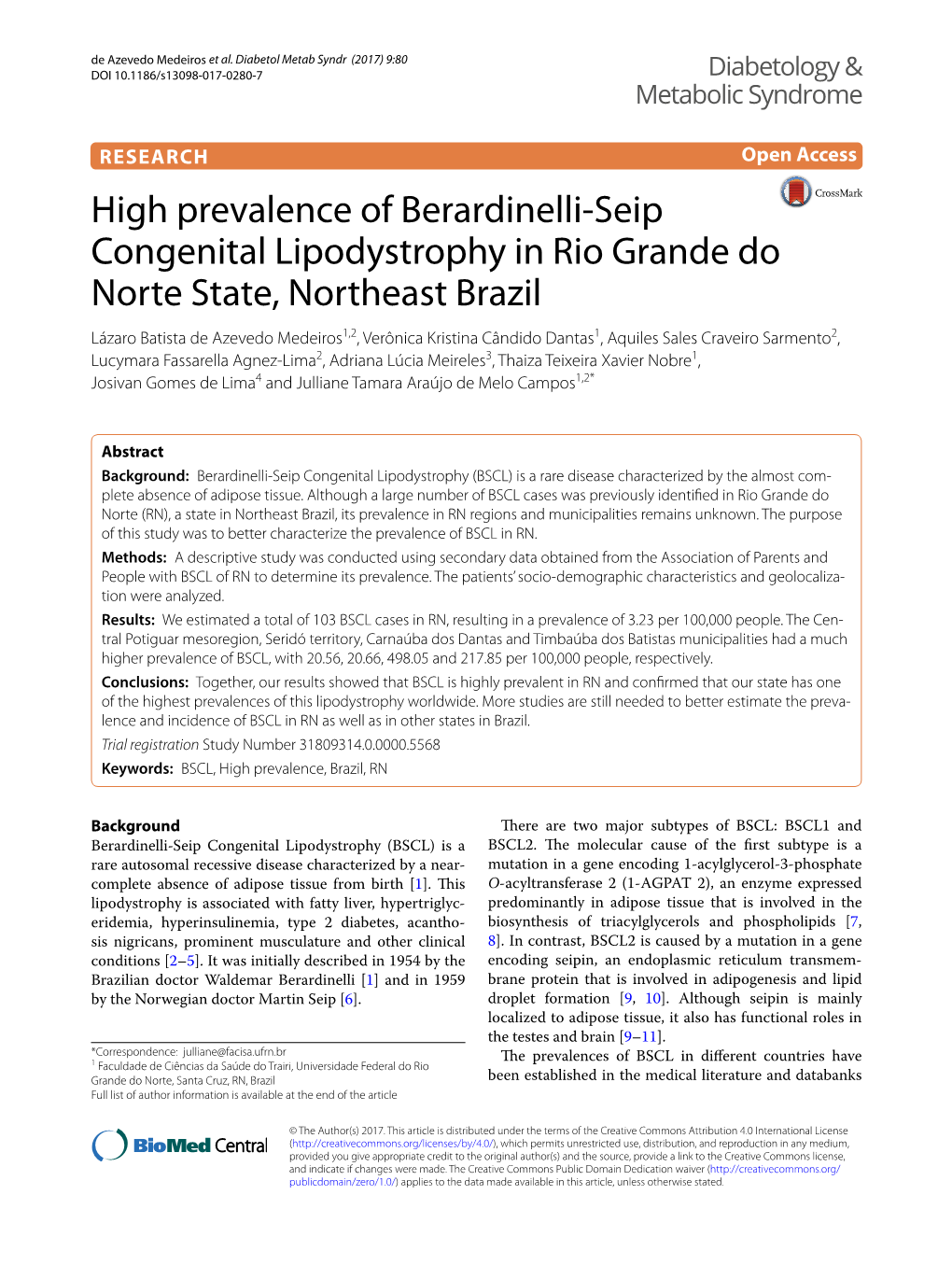 High Prevalence of Berardinelli-Seip Congenital Lipodystrophy in Rio Grande Do Norte State, Northeast Brazil