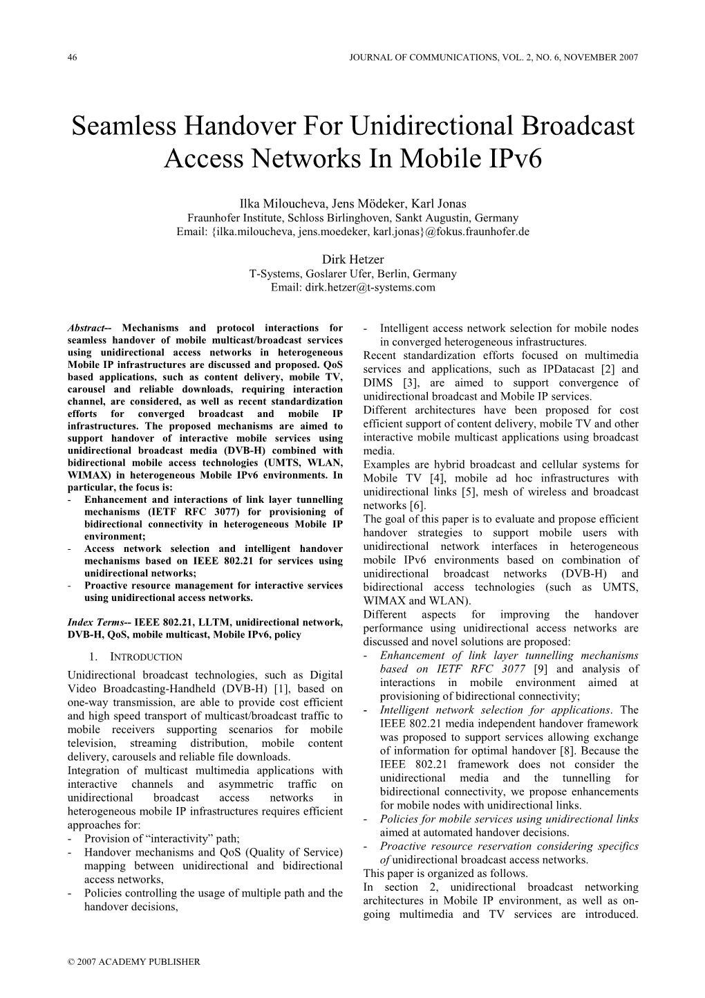 Seamless Handover for Unidirectional Broadcast Access Networks in Mobile Ipv6