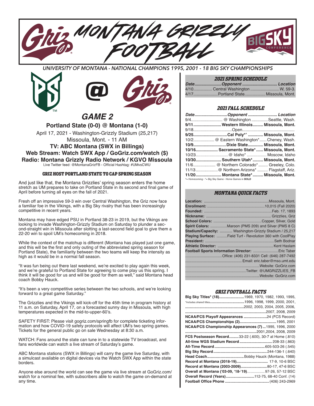 Montana Grizzly Football UNIVERSITY of MONTANA - NATIONAL CHAMPIONS 1995, 2001 - 18 BIG SKY CHAMPIONSHIPS 2021 SPRING SCHEDULE Date