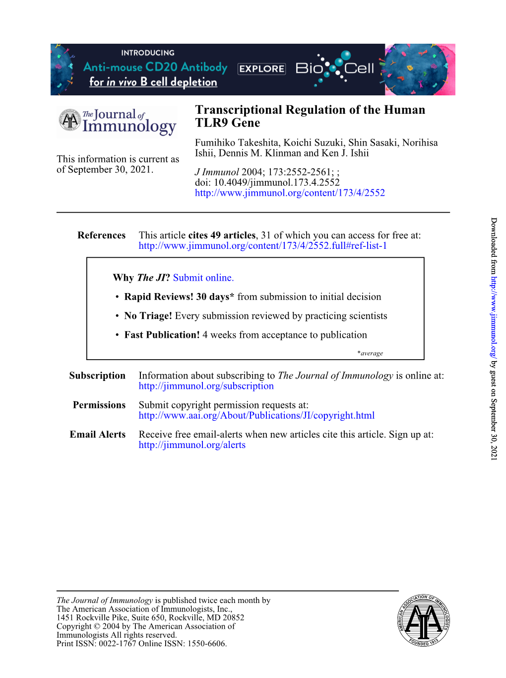 TLR9 Gene Transcriptional Regulation of the Human