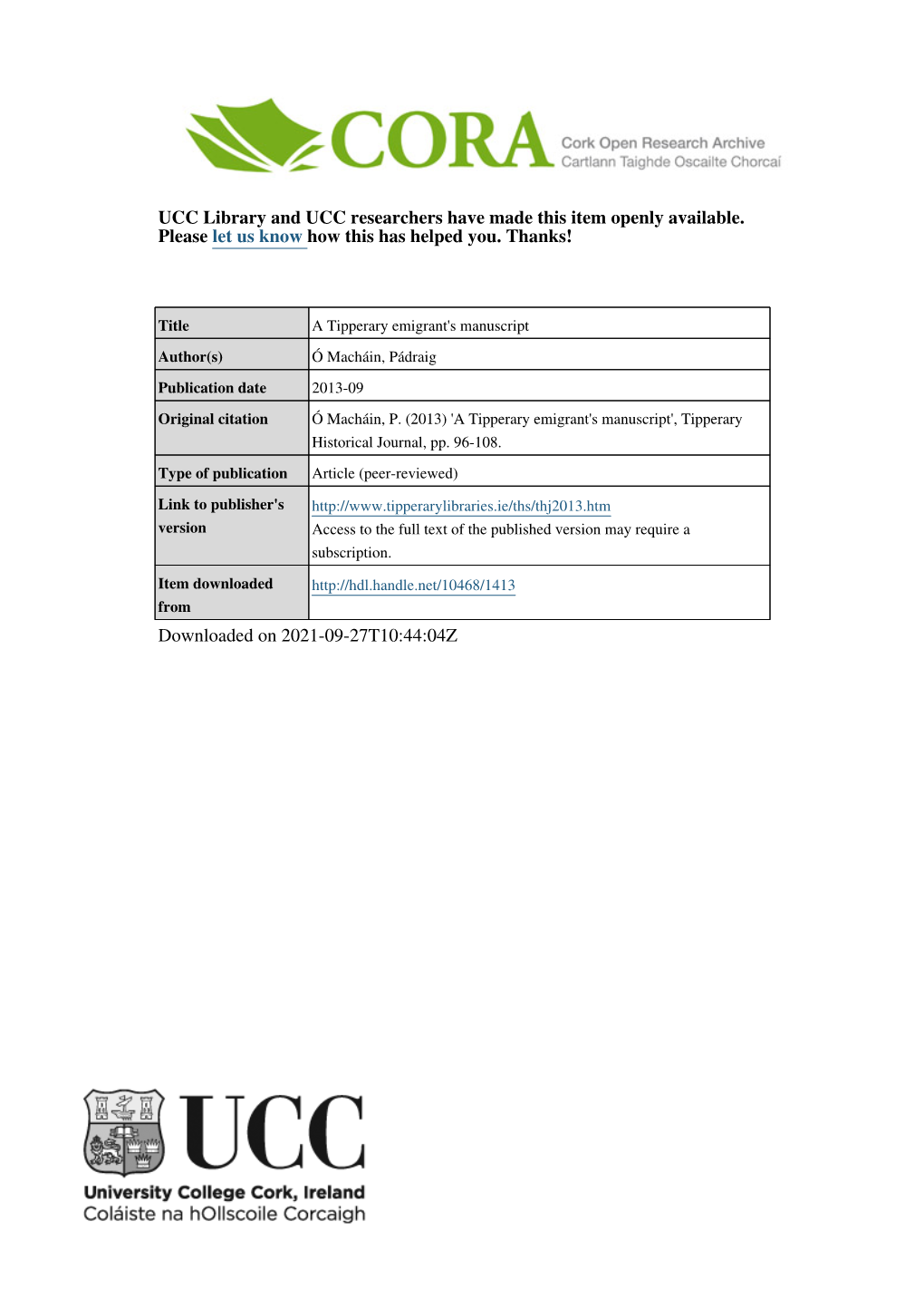 A Tipperary Emigrant's Manuscript Author(S) Ó Macháin, Pádraig Publication Date 2013-09 Original Citation Ó Macháin, P