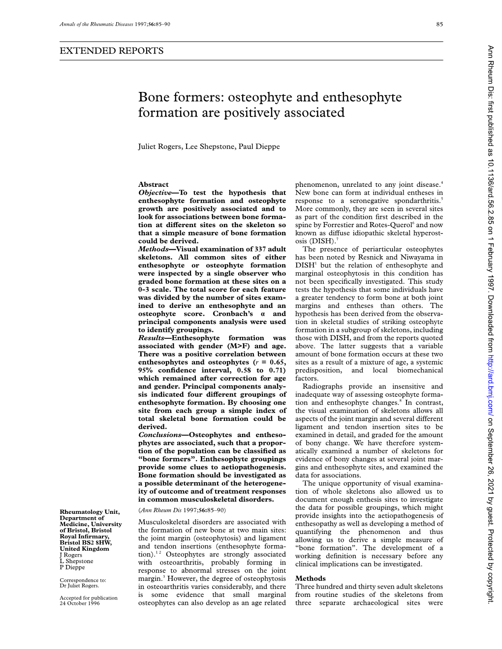 Osteophyte and Enthesophyte Formation Are Positively Associated