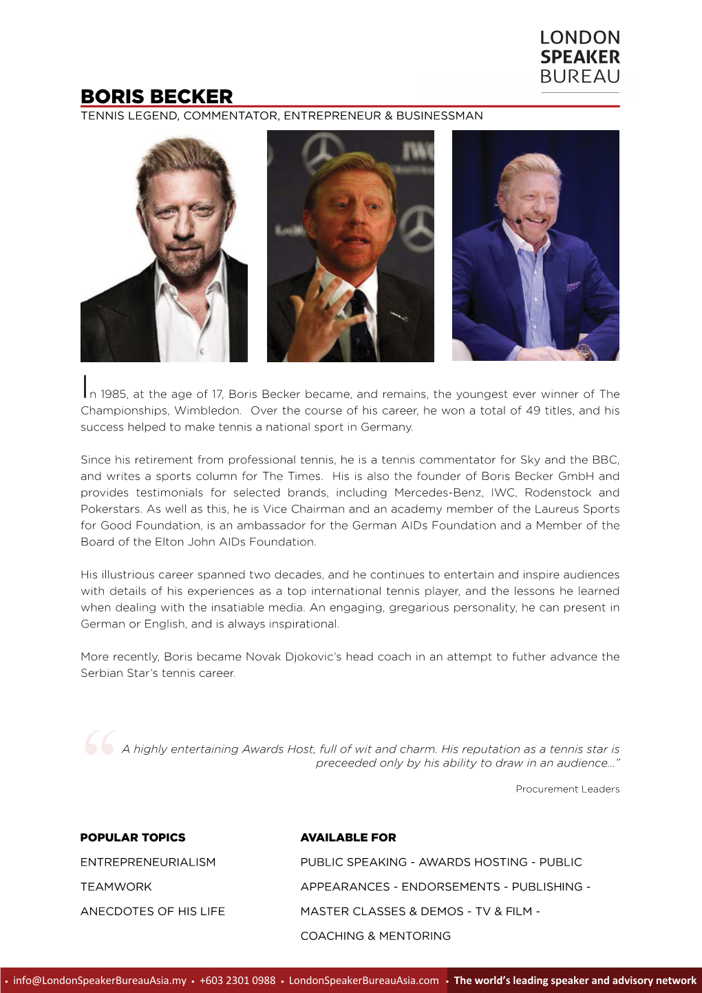 Boris Becker Kruger Cowne Tennis Legend, Commentator, Entrepreneur & Businessman