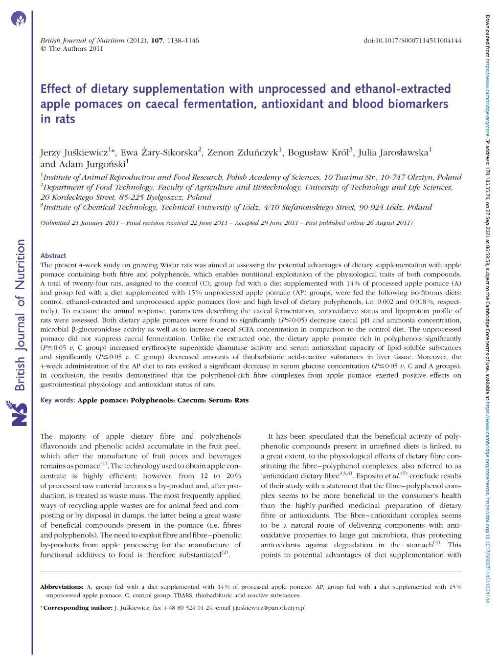 British Journal of Nutrition (2012), 107, 1138–1146 Doi:10.1017/S0007114511004144 Q the Authors 2011