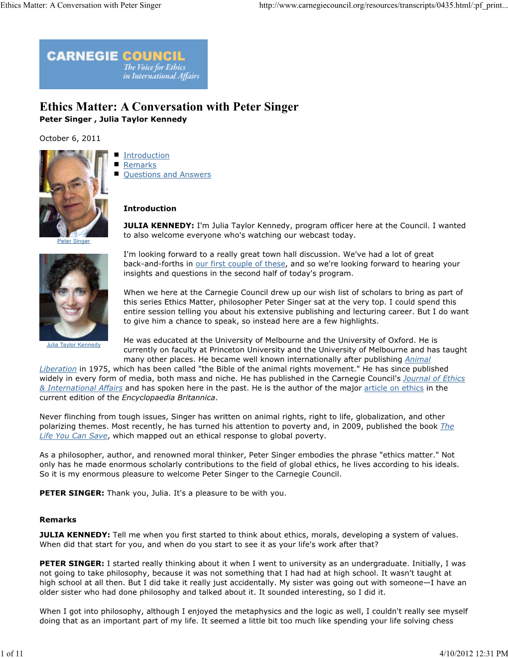 Ethics Matter: a Conversation with Peter Singer