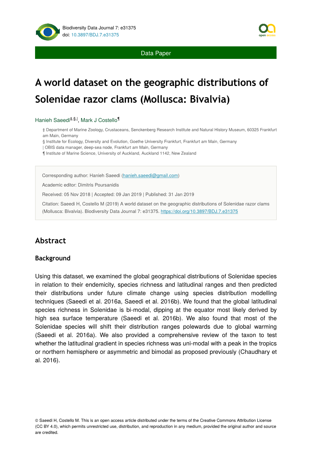 A World Dataset on the Geographic Distributions of Solenidae Razor Clams (Mollusca: Bivalvia)