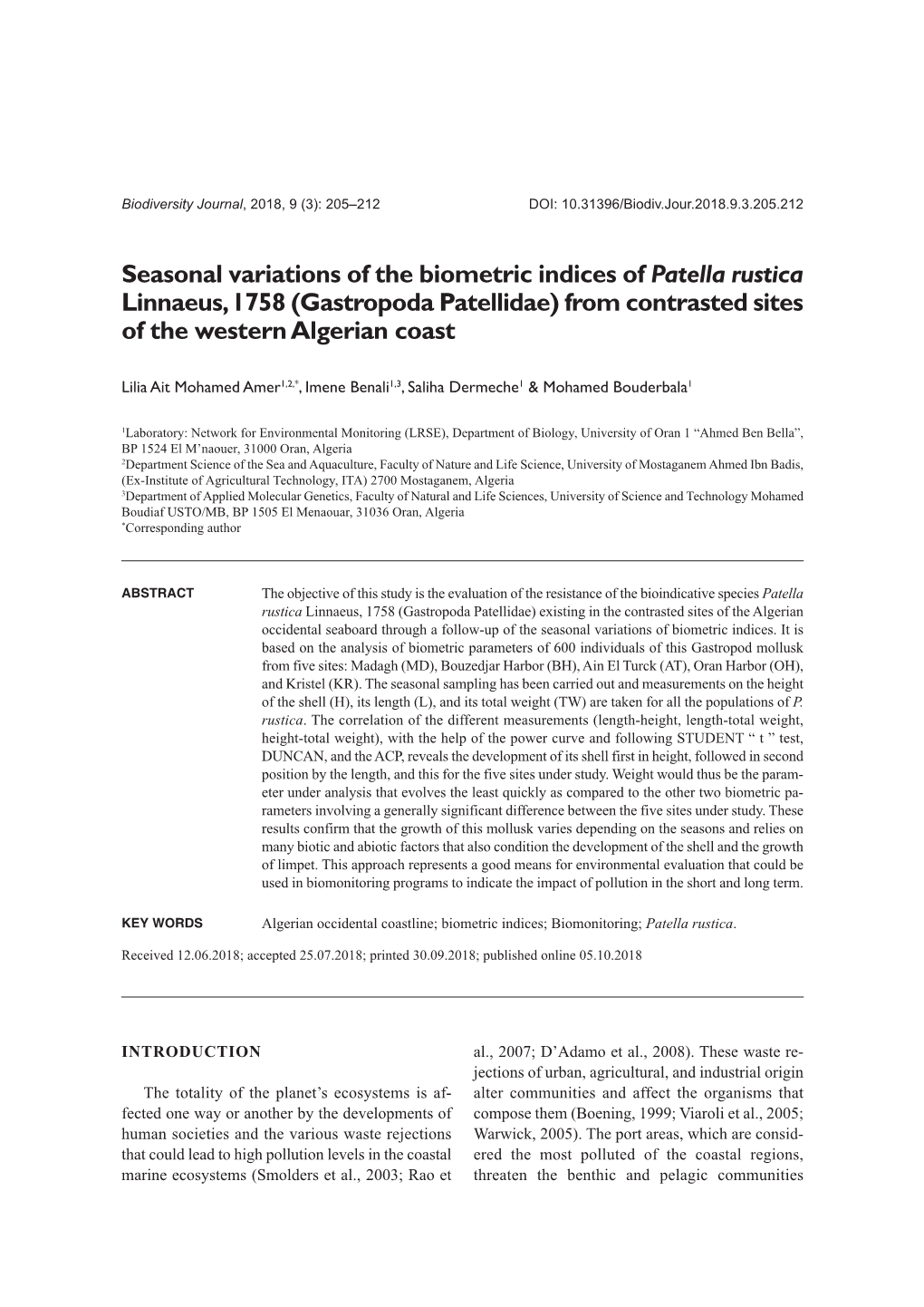 Seasonal Variations of the Biometric Indices of Patella Rustica Linnaeus, 1758 (Gastropoda Patellidae) from Contrasted Sites of the Western Algerian Coast