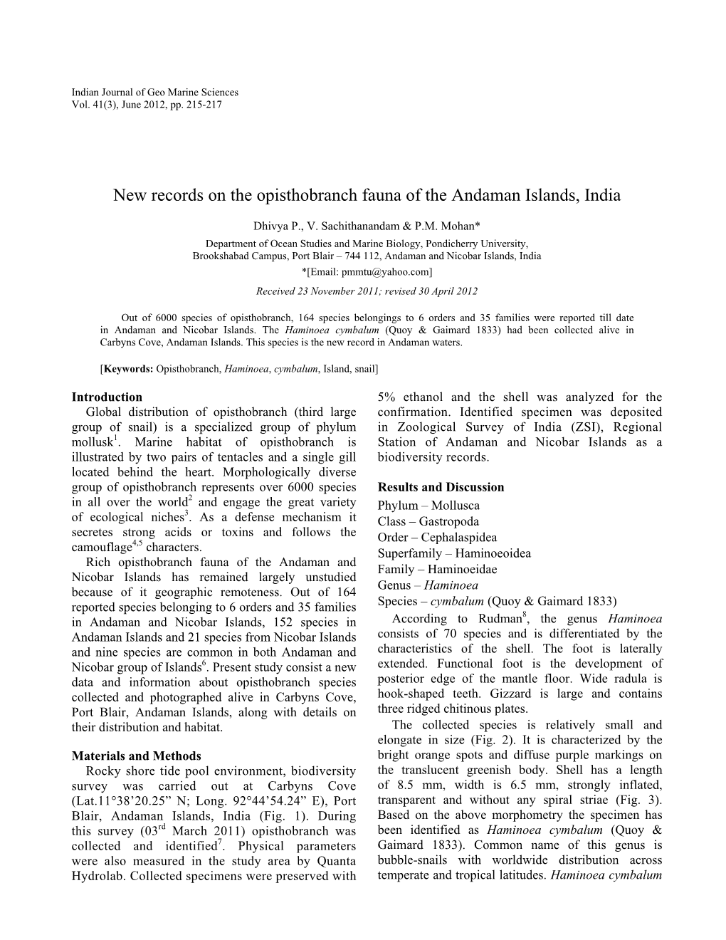 New Records on the Opisthobranch Fauna of the Andaman Islands, India