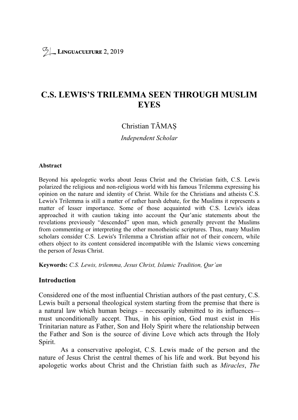 C.S. Lewis's Trilemma Seen Through Muslim Eyes