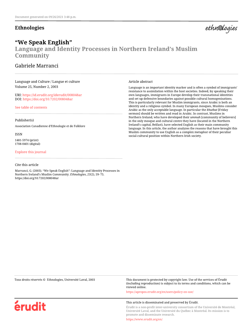 Language and Identity Processes in Northern Ireland's Muslim Community