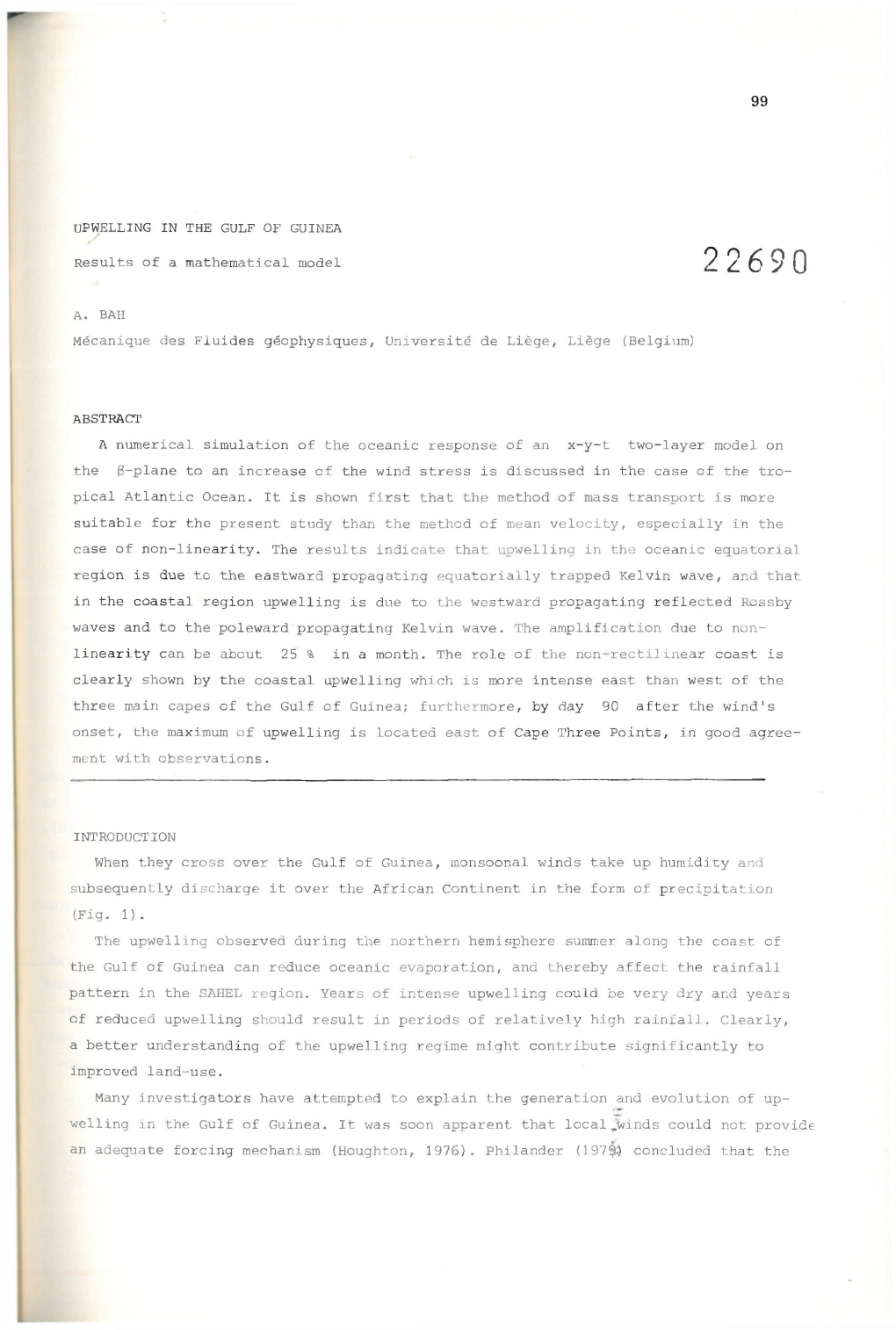 99 UPWELLING in the GULF of GUINEA Results of a Mathematical