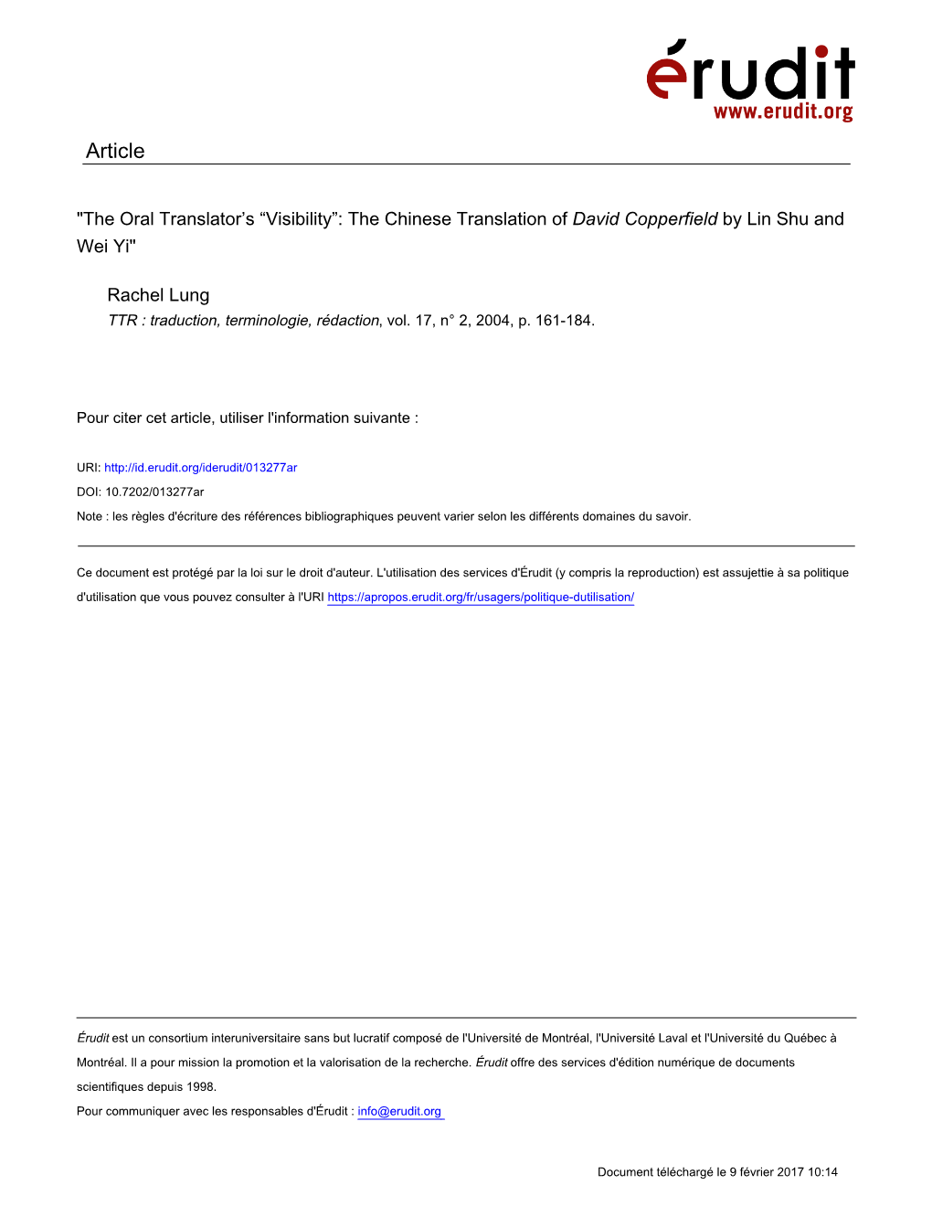 The Oral Translator's “Visibility”: the Chinese Translation Of