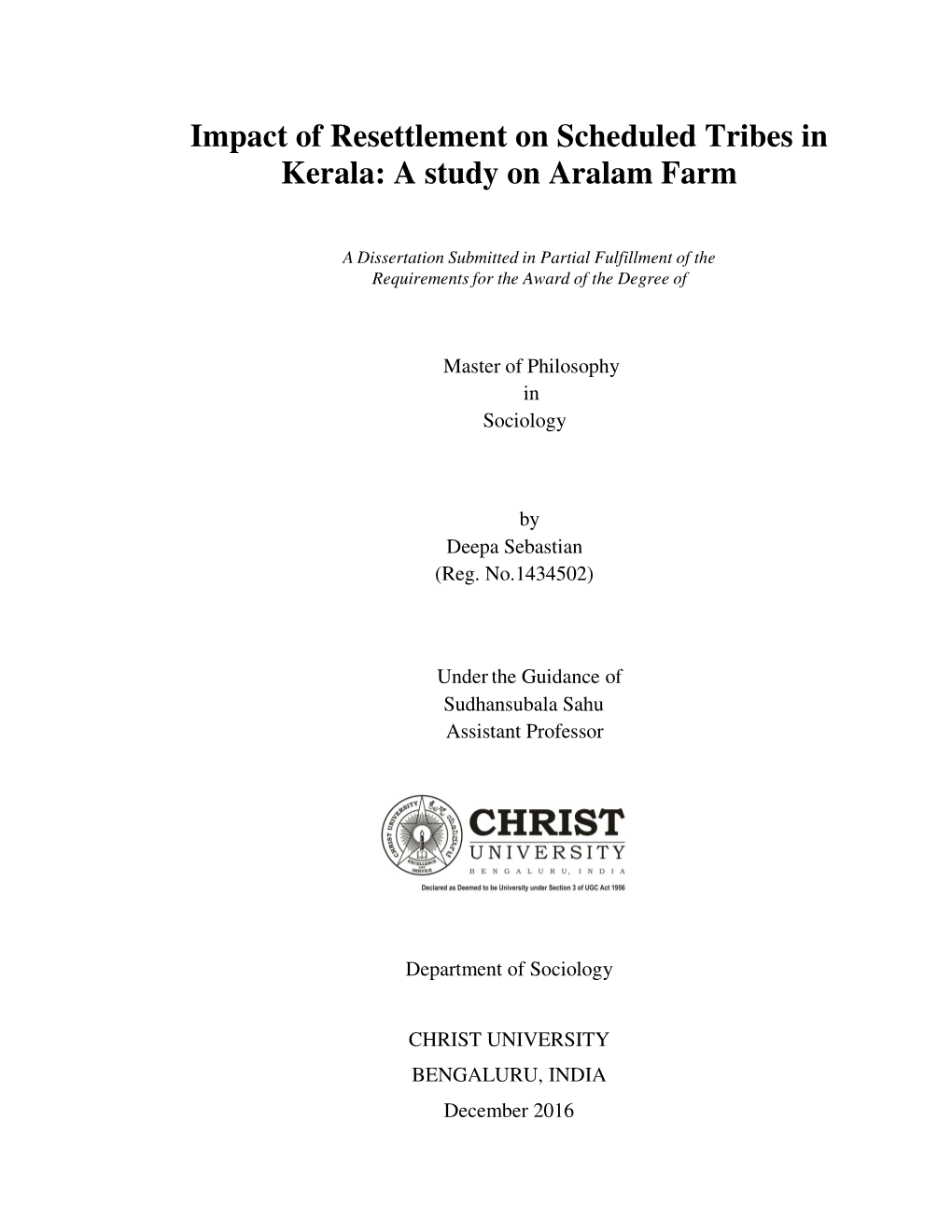 Impact of Resettlement on Scheduled Tribes in Kerala: a Study on Aralam Farm