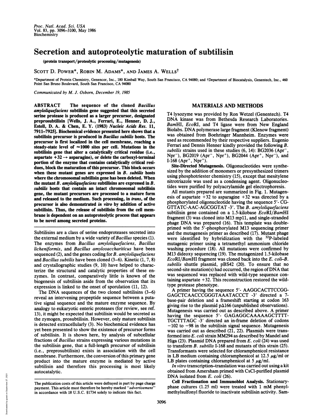 Secretion and Autoproteolytic Maturation of Subtilisin (Protein Transport/Proteolytic Processing/Mutagenesis) SCOTT D
