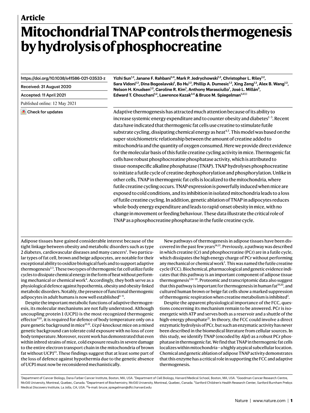 Mitochondrial TNAP Controls Thermogenesis by Hydrolysis of Phosphocreatine