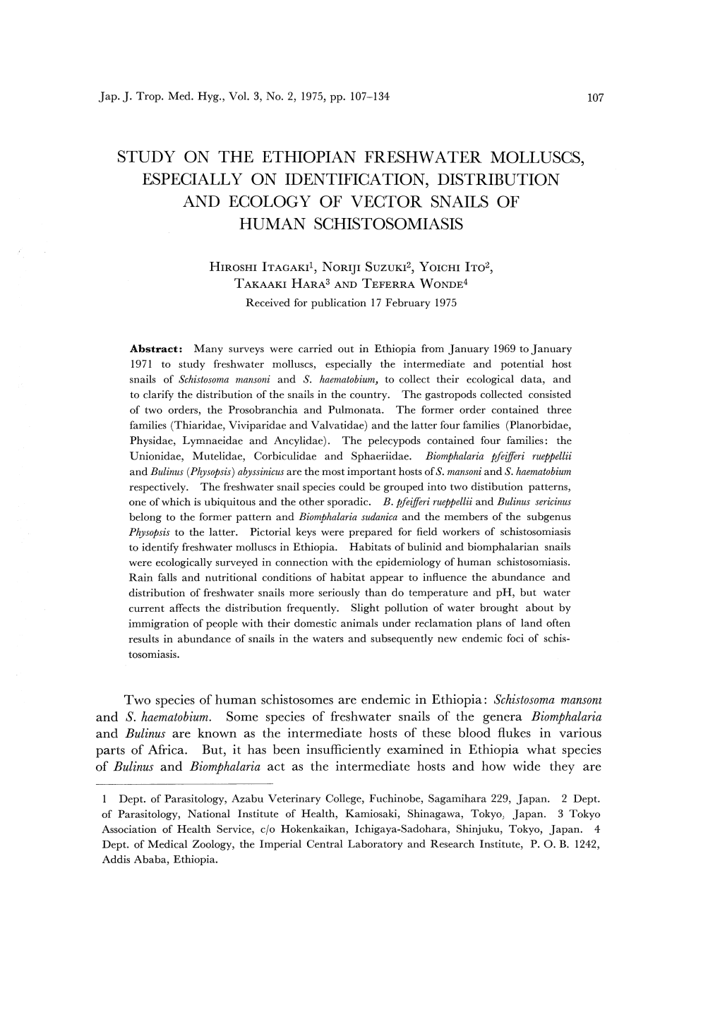 Study on the Ethiopian Freshwater Molluscs, Especially on Identification, Distribution and Ecology of Vector Snails of Human Schistosomiasis