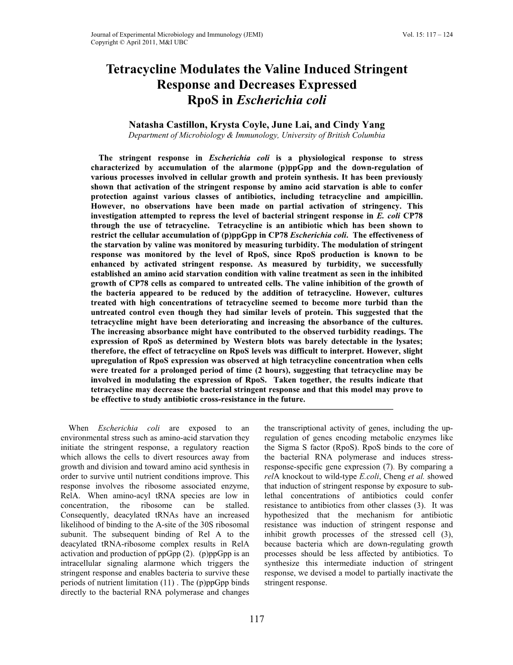 Tetracycline Modulates the Valine Induced Stringent Response and Decreases Expressed Rpos in Escherichia Coli