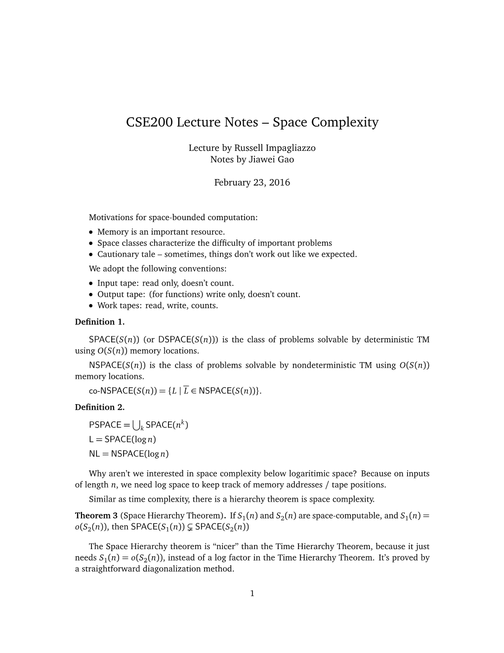 CSE200 Lecture Notes – Space Complexity