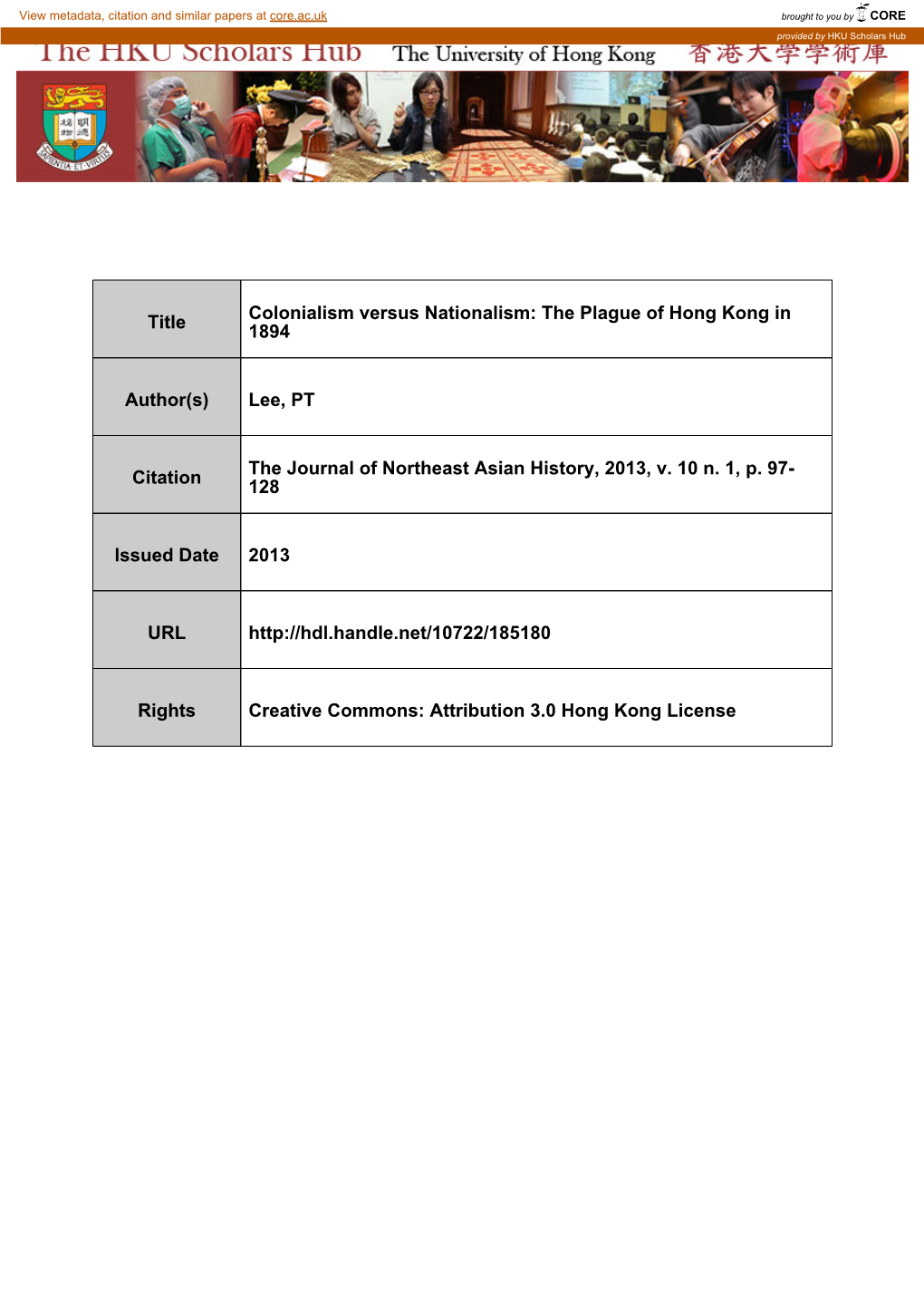 The Plague of Hong Kong in 1894 Author(S)