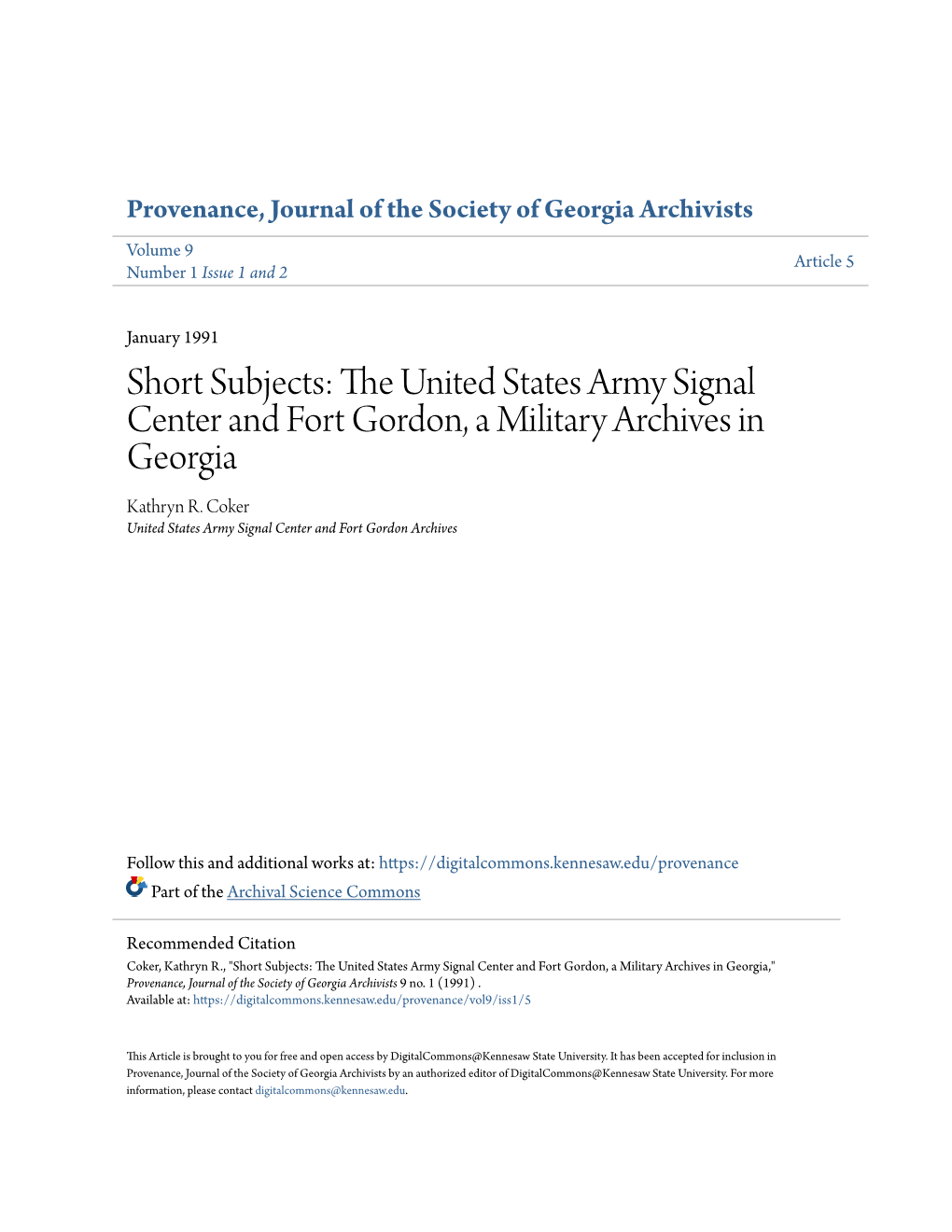 The United States Army Signal Center and Fort Gordon, a Military Archives