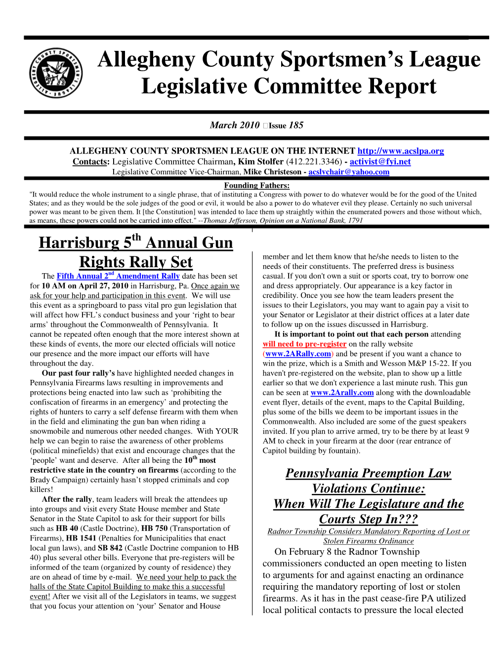 Allegheny County Sportsmen's League Legislative Committee Report