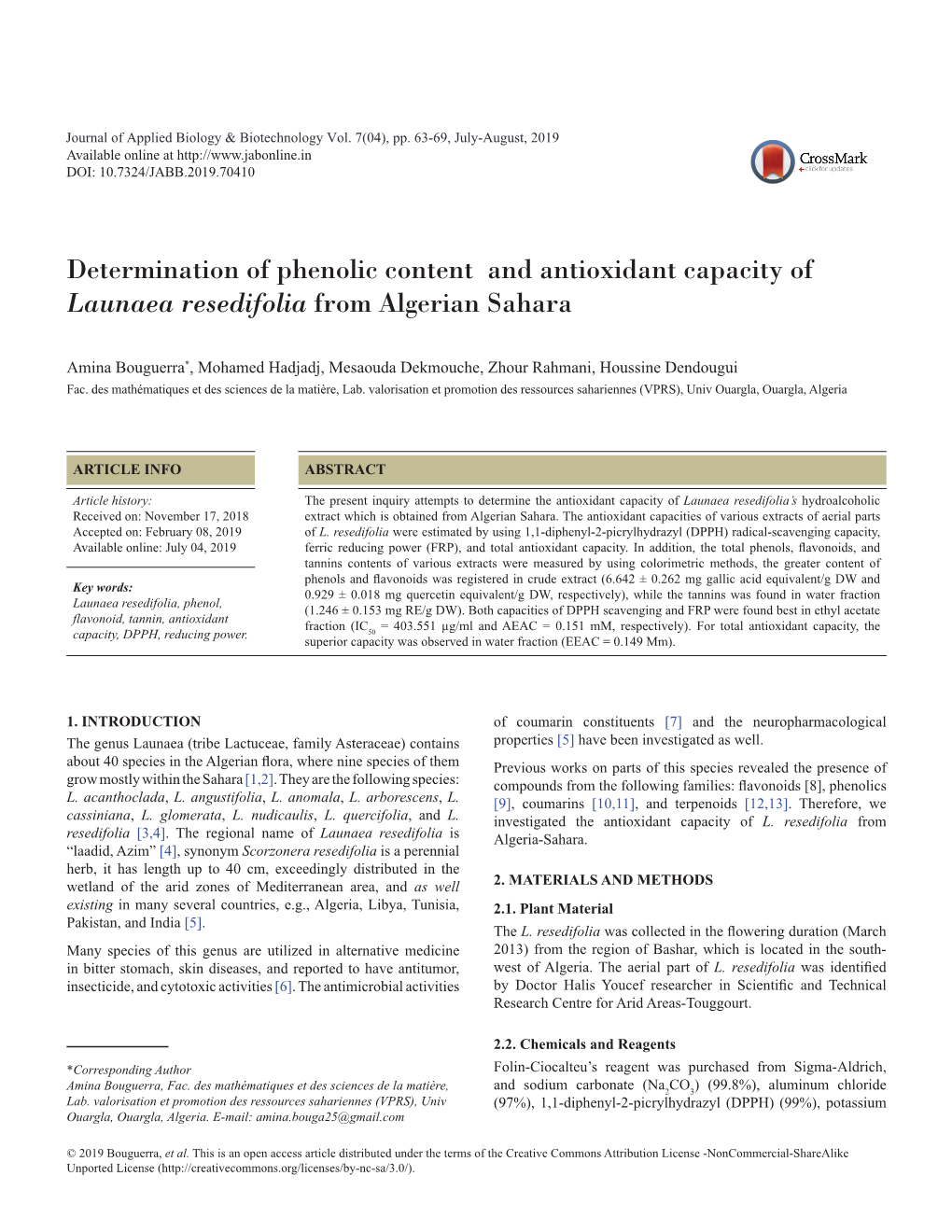 Determination of Phenolic Content and Antioxidant Capacity of Launaea Resedifolia from Algerian Sahara