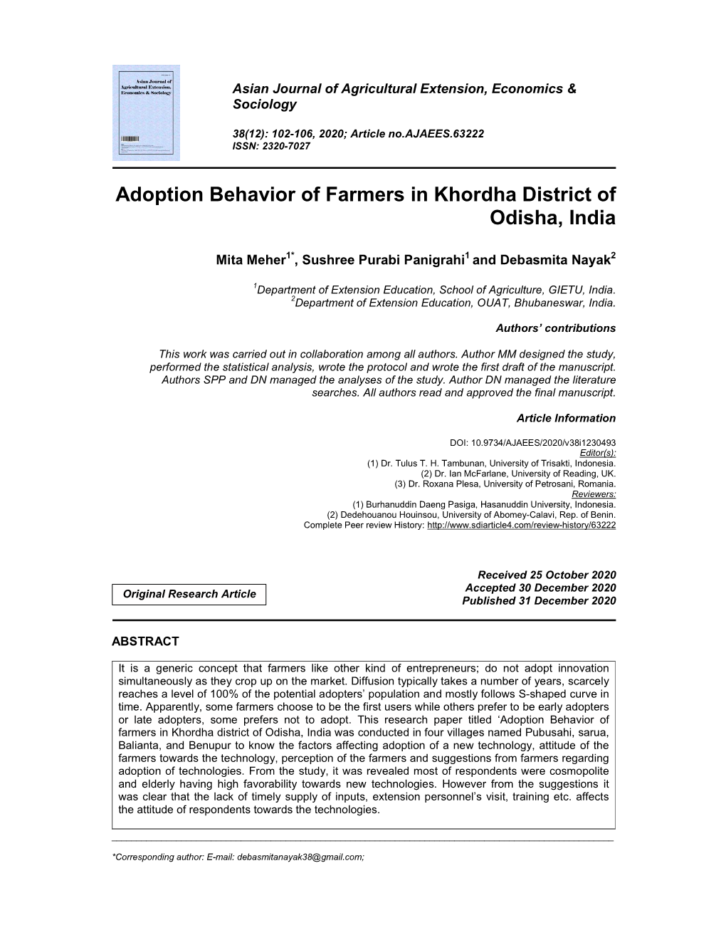 Adoption Behavior of Farmers in Khordha District of Odisha, India