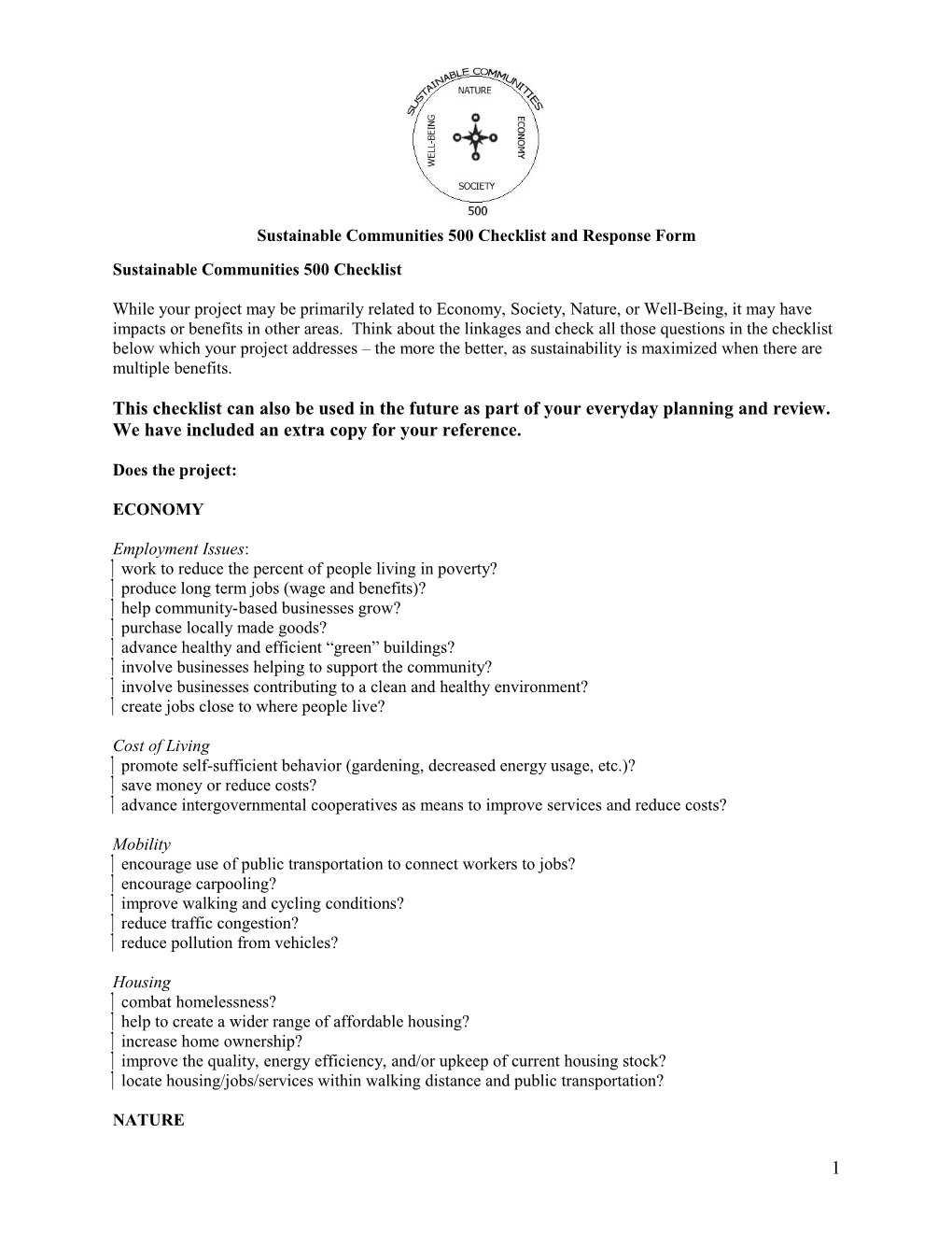 Sustainable Communities 500 Checklist And Response Form