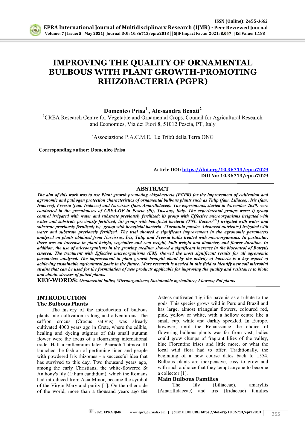 Improving the Quality of Ornamental Bulbous with Plant Growth-Promoting Rhizobacteria (Pgpr)