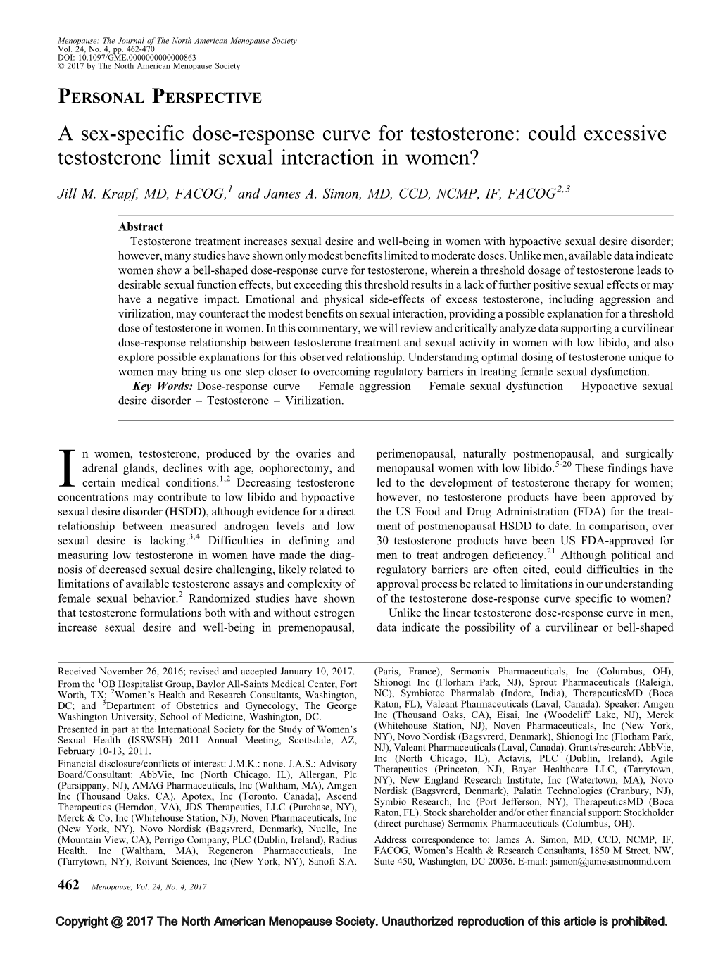 A Sex-Specific Dose-Response Curve for Testosterone: Could Excessive Testosterone Limit Sexual Interaction in Women?