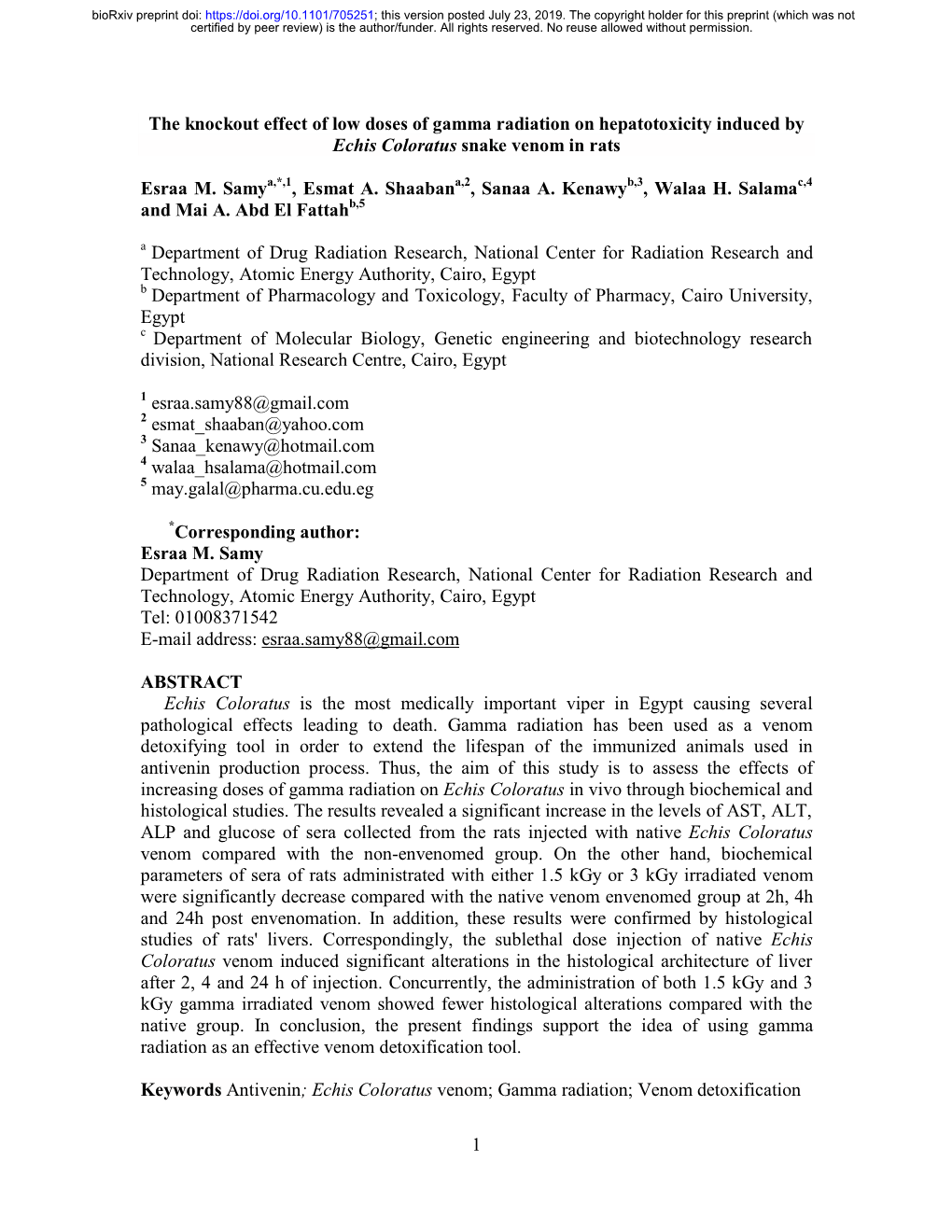 The Knockout Effect of Low Doses of Gamma Radiation on Hepatotoxicity Induced by Echis Coloratus Snake Venom in Rats