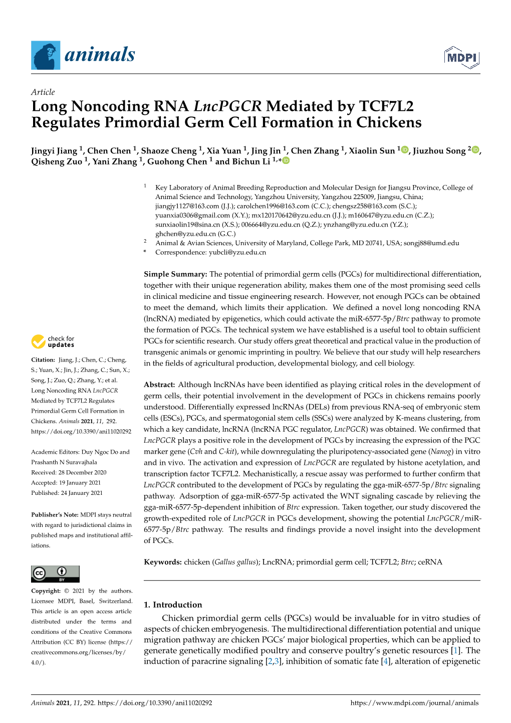 Long Noncoding RNA Lncpgcr Mediated by TCF7L2 Regulates Primordial Germ Cell Formation in Chickens