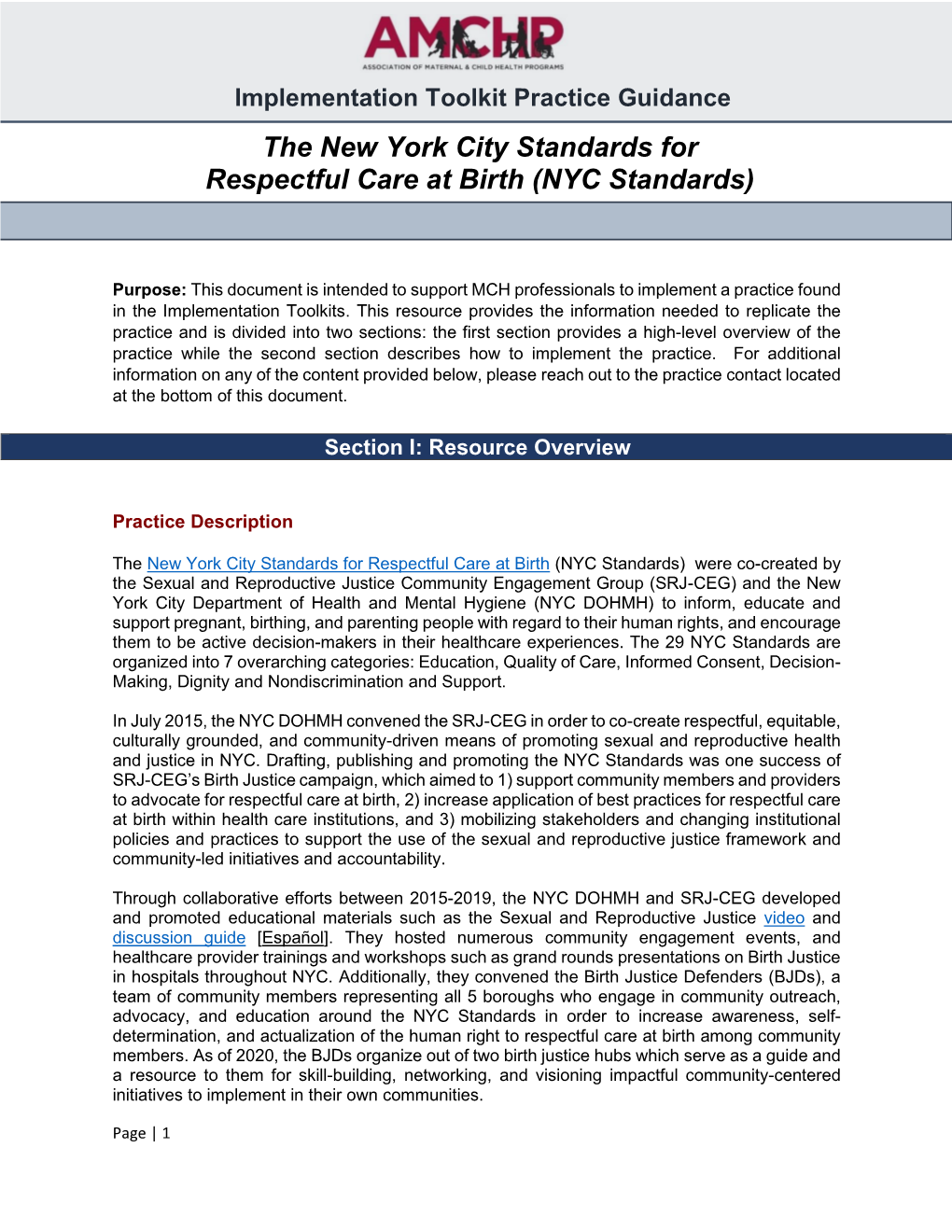 The New York City Standards for Respectful Care at Birth (NYC Standards)