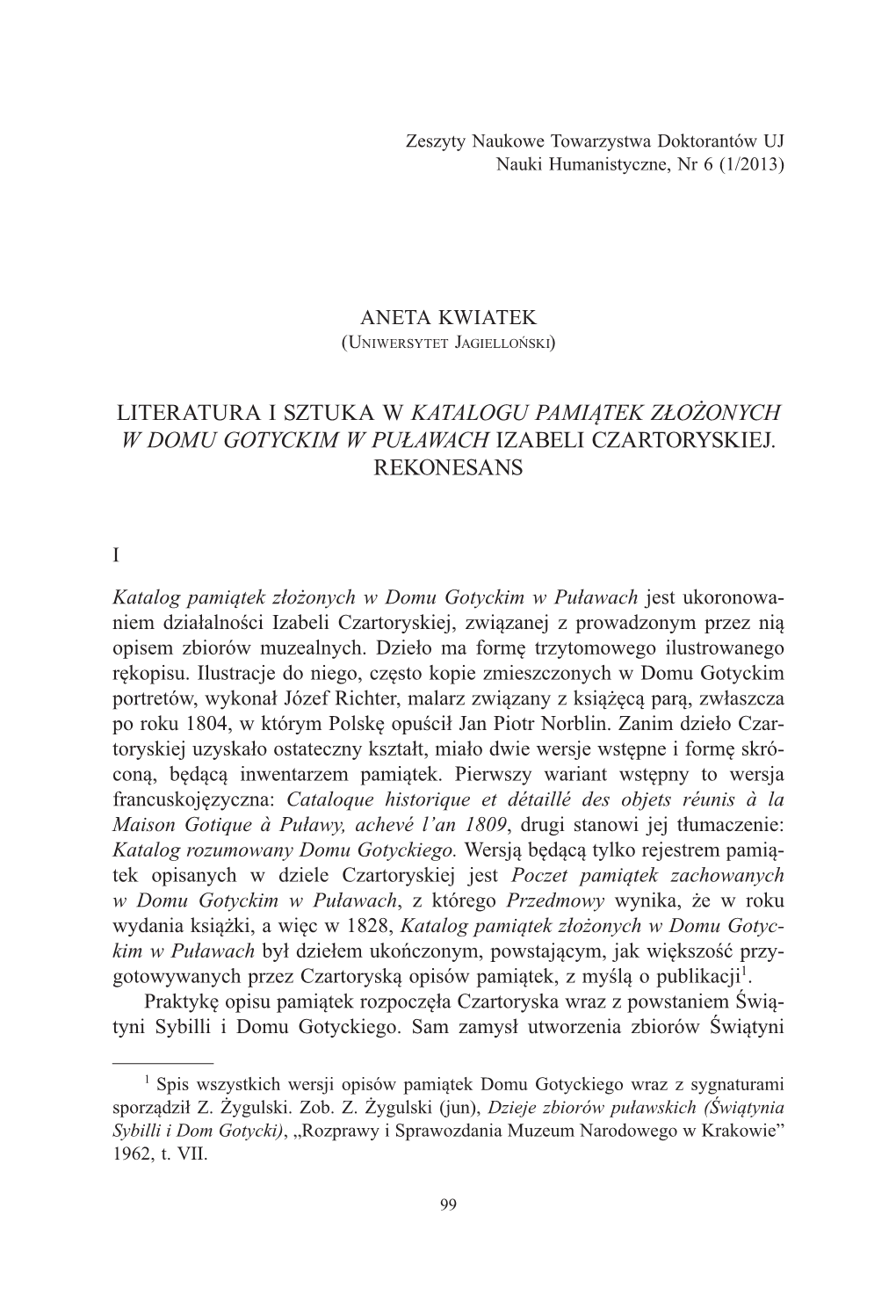 Literatura I Sztuka W Katalogu Pamiątek Złożonych W Domu Gotyckim W Puławach Izabeli Czartoryskiej