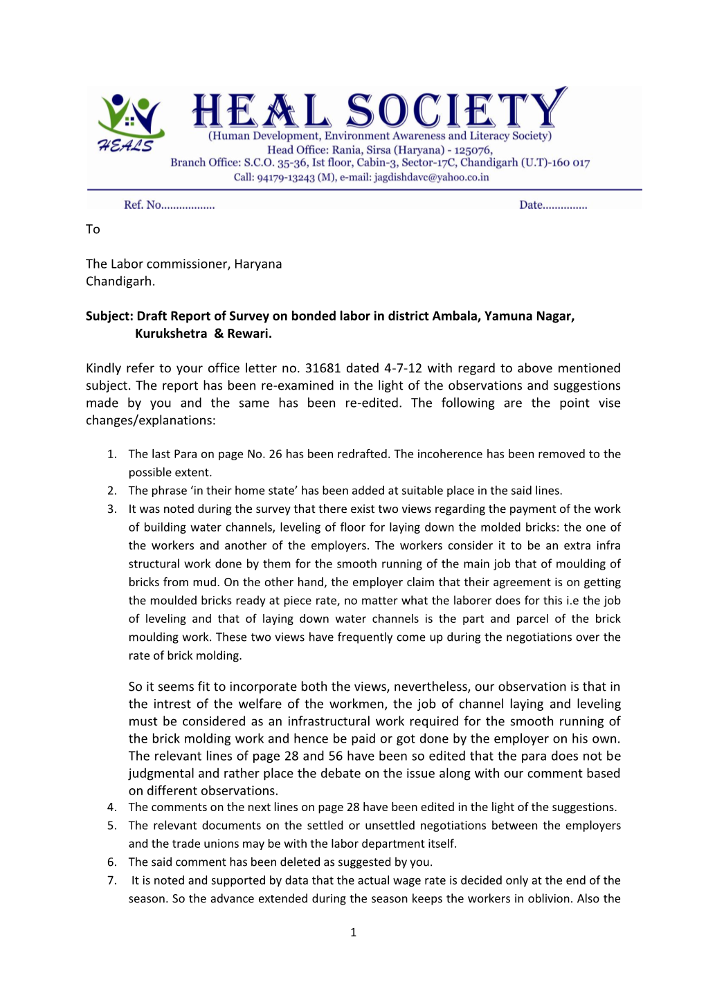 Draft Report of Survey on Bonded Labor in District Ambala, Yamuna Nagar, Kurukshetra & Rewari