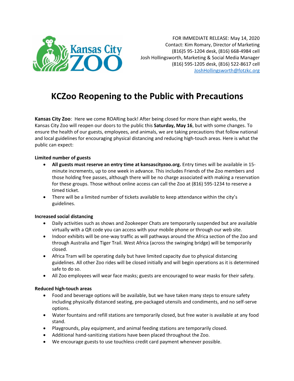 Kczoo Reopening to the Public with Precautions