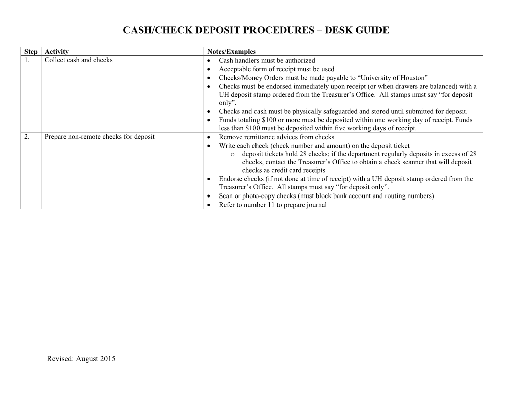 Cash/Check Deposit Procedures – Desk Guide