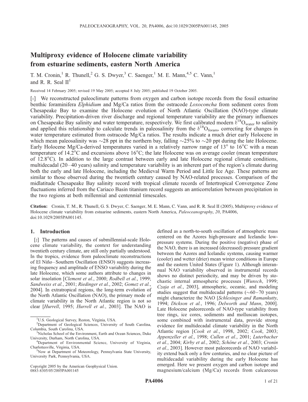 Multiproxy Evidence of Holocene Climate Variability from Estuarine Sediments, Eastern North America T